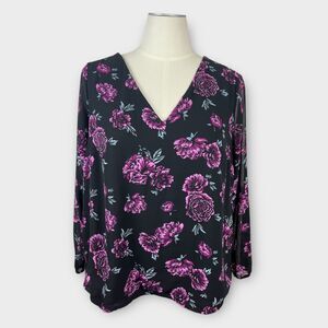 Torrid Womens 1X Black Purple Floral Strappy Back Double V Stretchy Hem Blouse